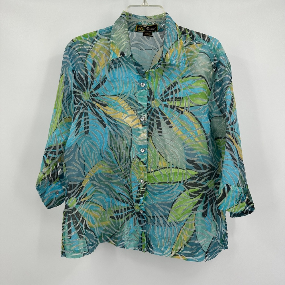 Marisol Womens Tropical Top Sz L Linen Blend Resort Coastal Island Print Vintage